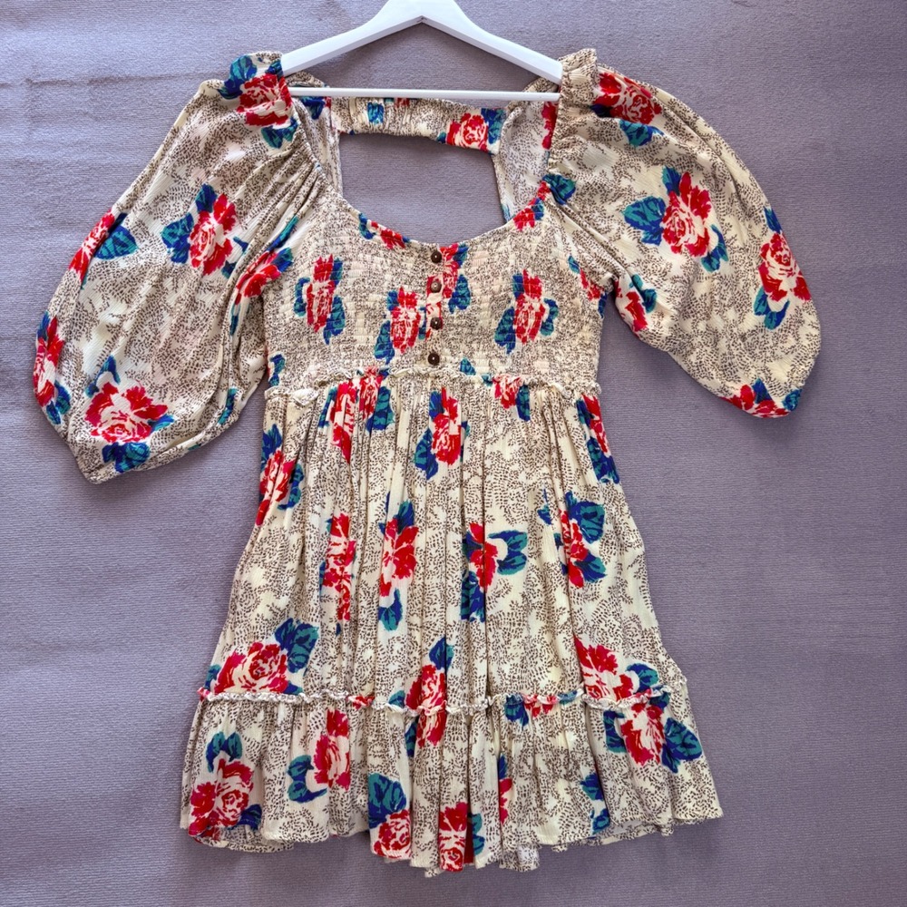 Free People Floral Boho Smocked Mini Dress Balloon Sleeve Size L Whimsical Retro - Picture 3 of 13